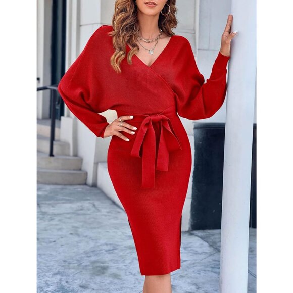 Women's Long Maxi Sweater Dress V Neck Slit Open Bodycon Dress with Belt Red - Picture 6 of 7